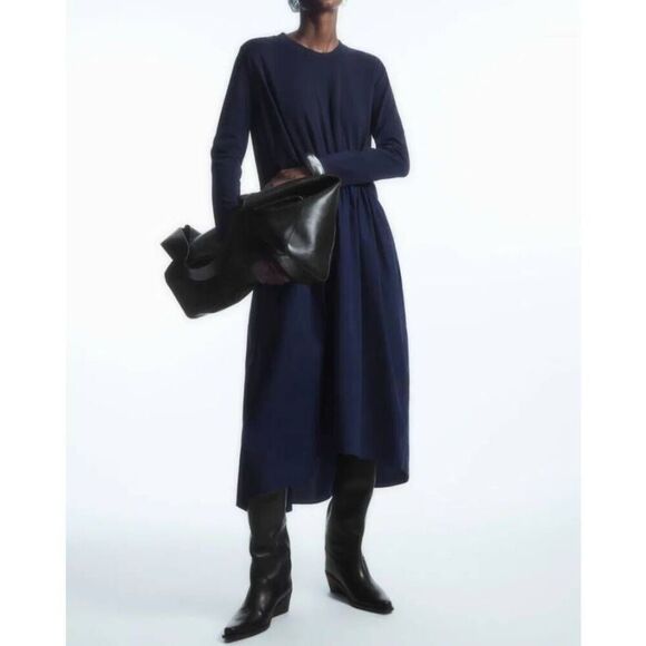COS ASYMMETRIC GATHERED-WAIST MIDI DRESS Navy Size L - Picture 1 of 12